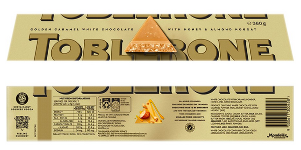 Golden toblerone packaging including the back that lists ingredients