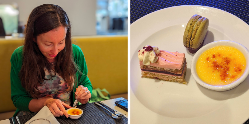 Two photos. A woman about to crack the top of a mini creme brulee. A plate with a creme brulee, a macaron and a petit four style cake.