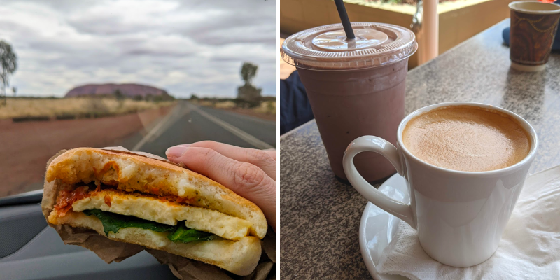 Two photos. A gluten free roll filled with halloumi and tomato with Uluru in the background. A flat white in a mug and an iced chocolate in a plastic cup. 