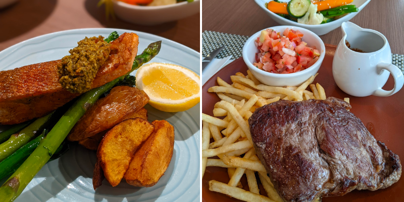 Two photos. Salmon and potato with green vegetables. Steak, chips and tomato salsa.