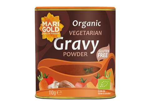 Packaging of Marigold vegetarian gravy powder, label shows it is gluten free