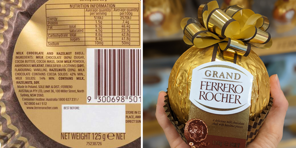 gluten free chocolate ferrero rocher with ingredients list to show there are not wheat items or may contain.