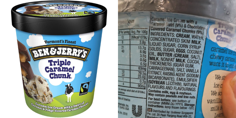Ben and Jerrys triple chunk caramel packaging and ingredients