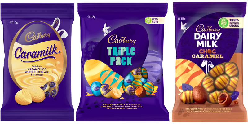 gluten free easter eggs by Cadbury. Packing image of caramilk, triple pack and choc caramel eggs.