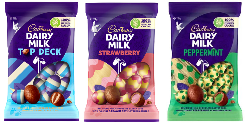 gluten free easter eggs by Cadbury. Packing image of peppermint, strawberry and top deck eggs.