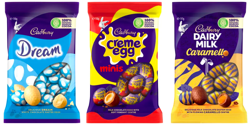 gluten free easter eggs by Cadbury. Packing image of dream, creme egg and caramello eggs.