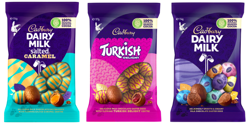 gluten free easter eggs by Cadbury. Packing image of salted caramel, Turkish delight and plain dairy milk.