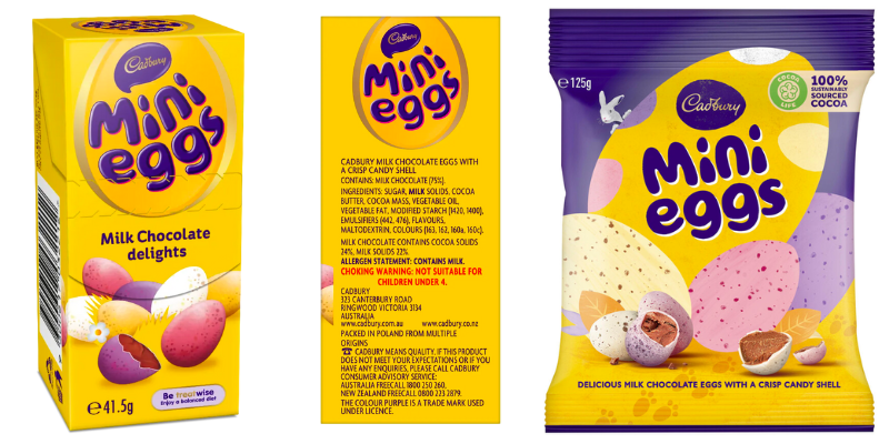 Packing image of Cadbury mini eggs small packet and bag. Ingredients image shows it is is gluten free.