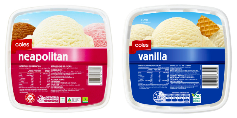 Coles Australia ice cream tubs. Neapolitan and vanilla are both gluten free.