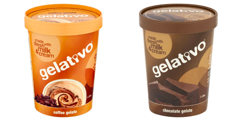 Packaging for Gelativo gelato coffee, and chocolate.