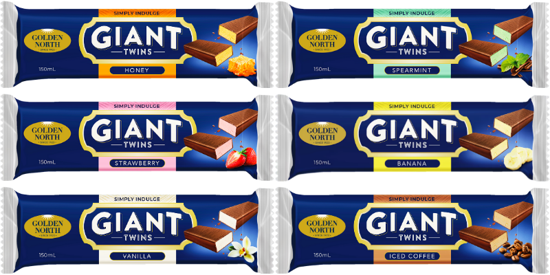 Photos of the packaging for six of the giant twins flavours. 