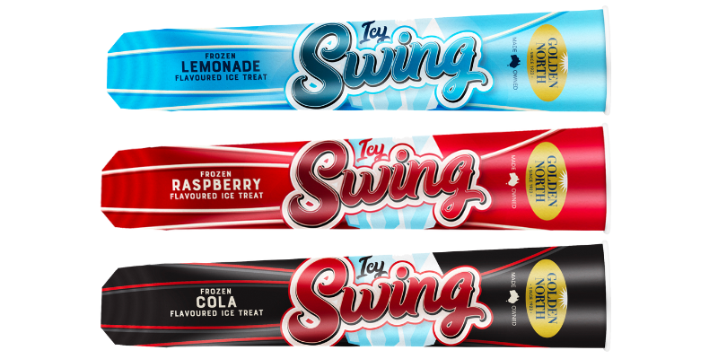Packaging of three Swing icy pole flavours, lemonade, raspberry and cola.