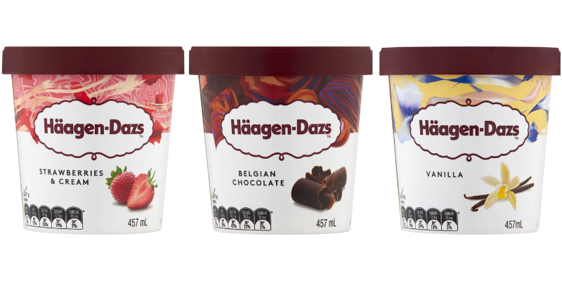 Packing of gluten free ice cream available in Australia by Haagen Dasz.  Strawberry, chocolate, vanilla. 