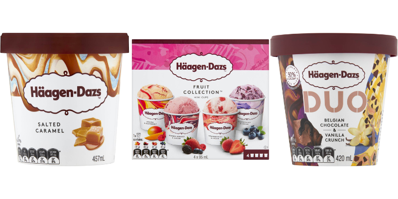 Packing of gluten free ice cream available in Australia by Haagen Dasz. 