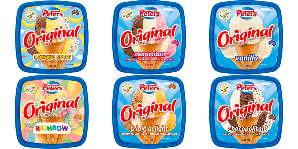 Packaging for ice cream tubs by Peters. Gluten free is clearly marked on each pack as well as made in Australia. 