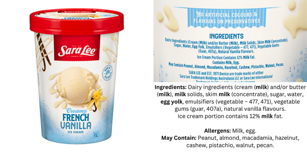Sara Lee vanilla ice cream ingredients showing it is gluten free.