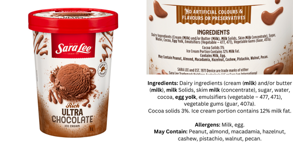 Sara Lee chocolate ice cream ingredients showing it is gluten free.