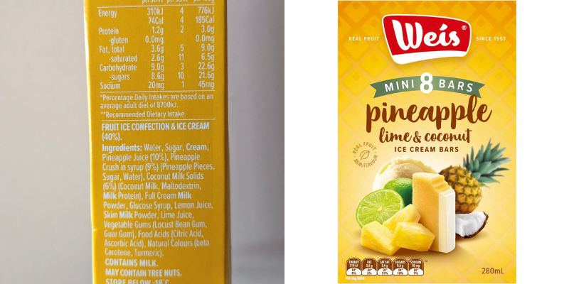 Weis pineapple lime and coconut ice cream bars with ingredients to show they are gluten free.