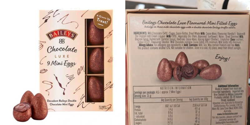Bailey's Easter Eggs packaging and back label to show it is gluten free. 