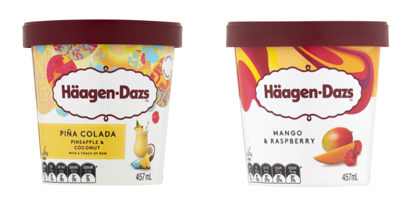 Haagen dazs ice cream tubs. Pina colada and mango and raspberry.