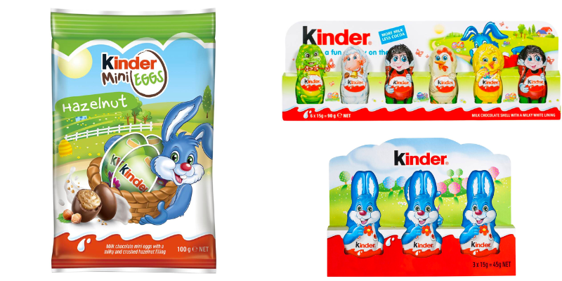 gluten free easter chocolate by Kinder includes hazelnut mini eggs, hollow figures and mini bunnies.