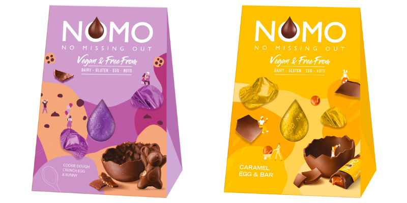 Packaging for NOMO cookie dough and caramel easter eggs. Packaging shows they are free from dairy, gluten and eggs. They are vegan. 