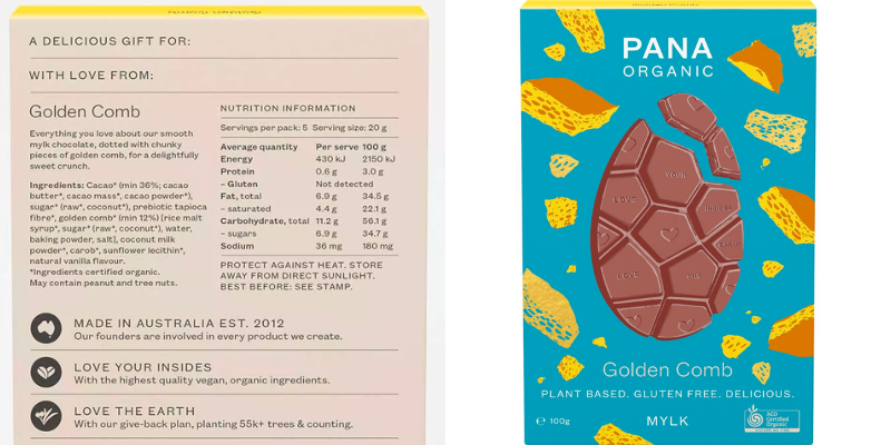 Packaging of Pana Organic Easter Egg Golden Comb, beside it is a ingredients image.