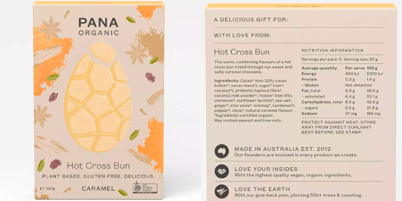 Pana organic hot cross bun chocolate egg with ingredients label to show its gluten and dairy free. 