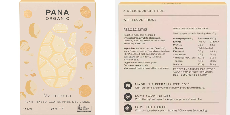 Packaging of Pana Organic Easter Egg Macadamia, beside it is a ingredients image.