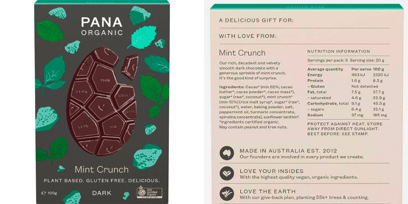 Packaging of Pana Organic Easter Egg Mint Crunch, beside it is a ingredients image.