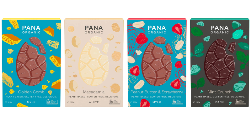 Pana Organic Easter Egg flavours. Golden Comb, Macadamia, Peanut Butter & Strawberry, Mint Crunch.