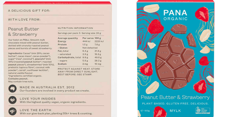 Packaging of Pana Organic Easter Egg Peanut Butter and Strawberry, beside it is a ingredients image.