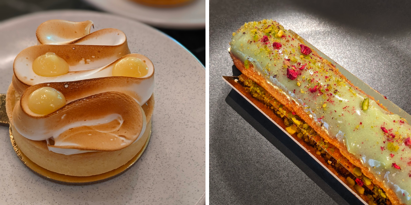 Two images. A lemon meringue tart and an eclair with green icing. 