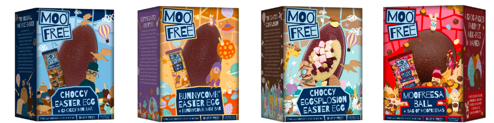 Moo free Easter egg gift box range. bunnycomb eggsplosion moofreesa