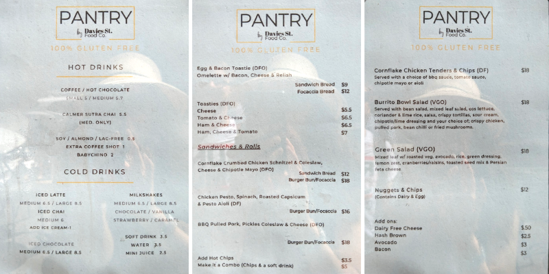 Three images covering the menu at Pantry by Davies St. 