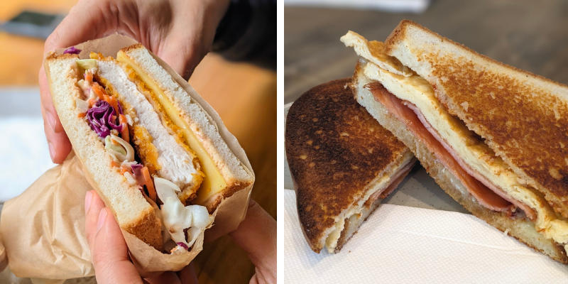 Two images, food from pantry by Davies St food co. First picture half of a schnitzel sandwich showing mayo, cheese, chicken and slaw. Second photo toastie cut in half showing bacon slices and a flat piece of omelette.