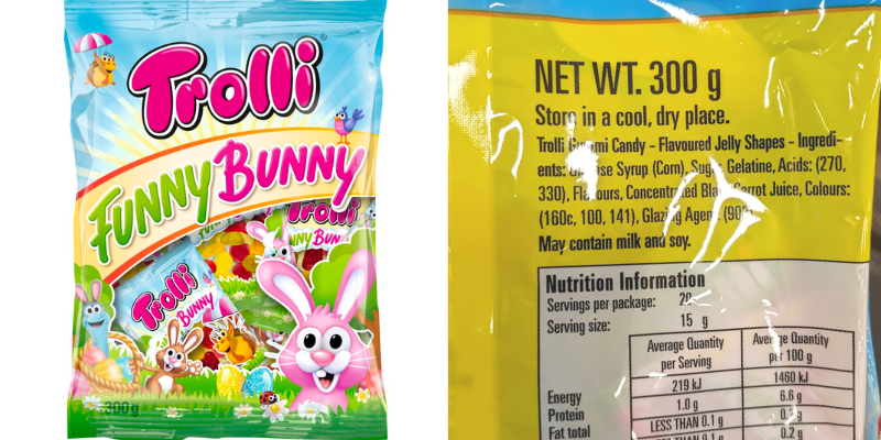 Trolli funny bunny bag. Ingredients show it contains gelatine and may contain milk and soy.