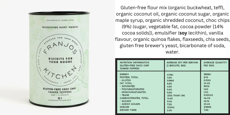 Franjos kitchen lactation cookies box. Ingredients listed to show they are gluten free and nil detected for gluten.