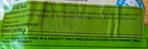 The ingredients for gluten free naan at Woolworths
