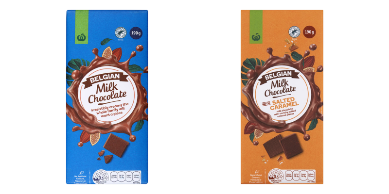 Two blocks of chocolate, Woolworths brand. Both milk chocolate one listed as salted caramel.