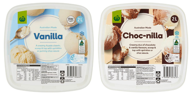 Woolworths brand ice cream tubs vanilla and choc-nilla