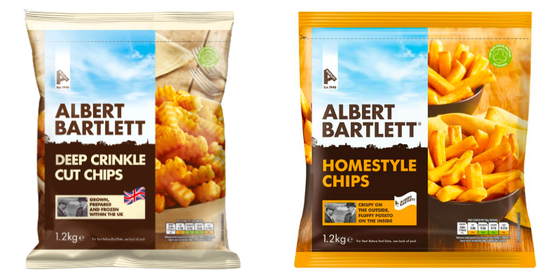 Packaging for Albert Bartlett crinkle cut and homestyle chips.