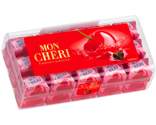 A box of Mon cheri chocolate liqueurs. 