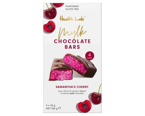 The packaging of Health Lab cherry chocolate bars