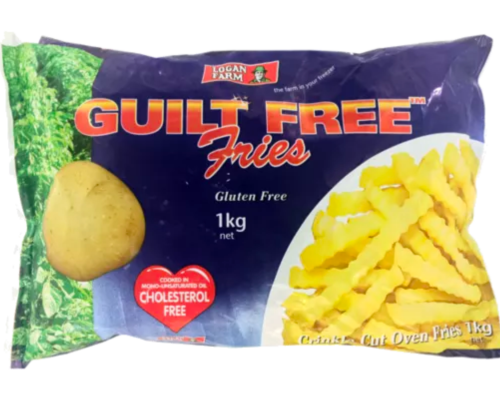 Packaging of Logan Farm guilt free crinkle cut fries, gluten free is written on the packet.
