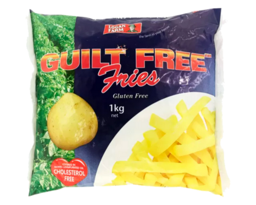 Packaging of Logan Farm guilt free straight cut fries, gluten free is written on the packet.