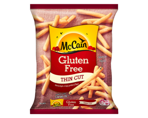 The packaging of McCain gluten free thin cut frozen chips.