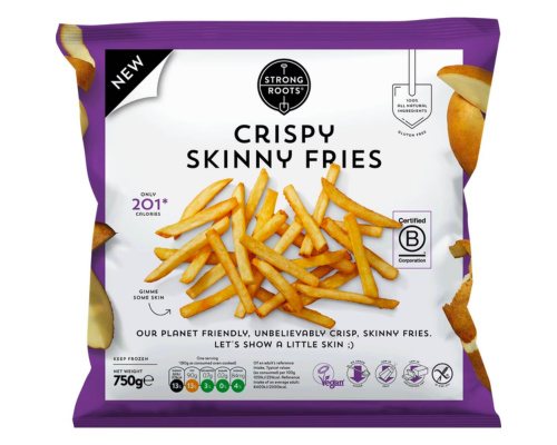 Packaging for strong roots crispy skinny fries, symbols on the packet include the European gluten free symbol and the vegan symbol.