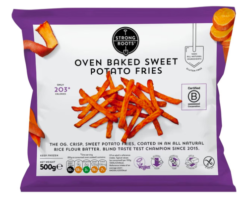 Packaging for strong roots potato fries, symbols on the packet include the European gluten free symbol and the vegan symbol.
