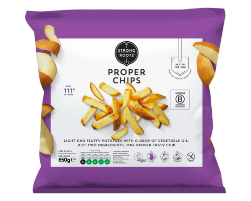 Packaging for strong roots proper chips, symbols on the packet include the European gluten free symbol and the vegan symbol.
